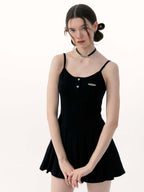 ZIZIFEI Pleated High Waist A Line Ballet Solid V-neck Women'S Cotton Slip Mini Dresses