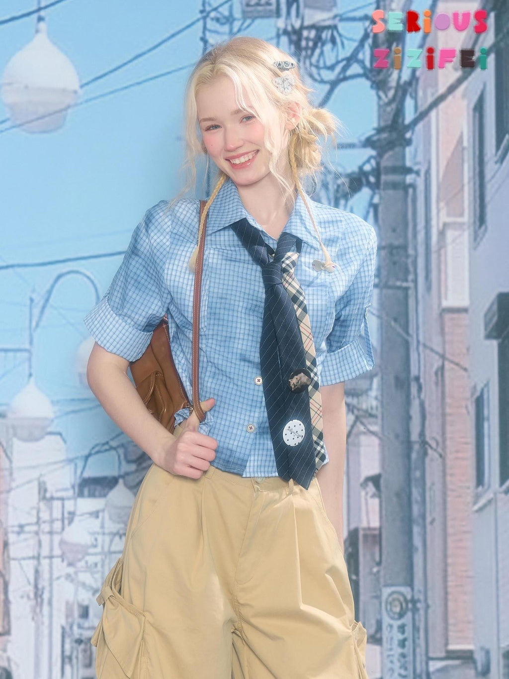 ZIZIFEI Mist Blue Ombre Plaid Waist Cinch Lapel Slim Women'S Short Sleeve T-Shirts