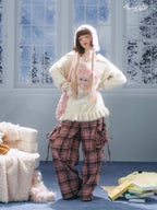 ZIZIFEI Pink Plaid High Waist Large Pocket Straight Women'S Polyester Wide-Leg Pants