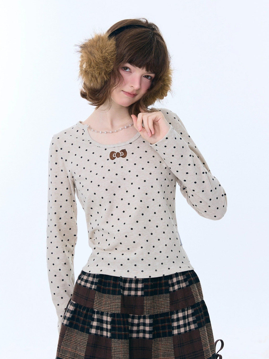 ZIZIFEI Polka Dot Chain Knit Slim Fit Vintage Women'S Viscose Blend Long Sleeve T-Shirts