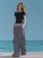 ZIZIFEI Gray High Waist Slimming Cargo Big Pocket Women'S Lyocell Blend Wide-Leg Pants