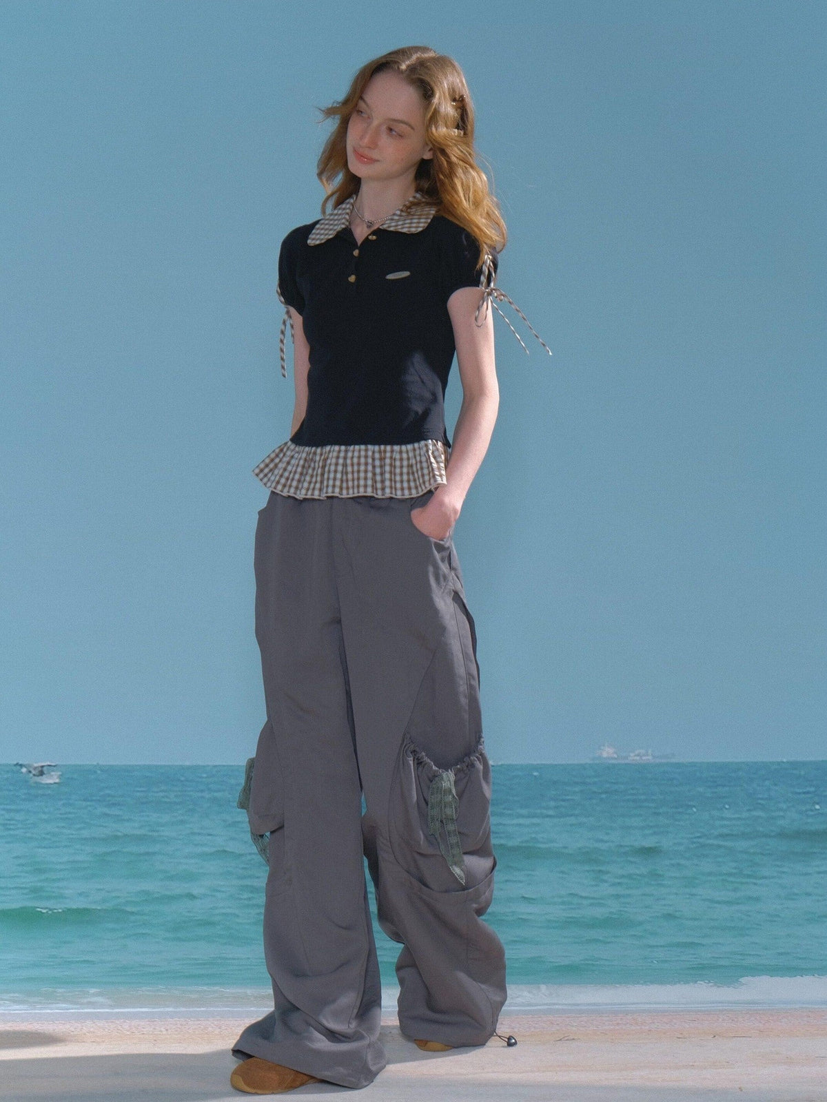 ZIZIFEI Gray High Waist Slimming Cargo Big Pocket Women'S Lyocell Blend Wide-Leg Pants