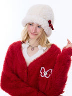 ZIZIFEI Red Embroidered Bow V-neck Relaxed Straight Women'S Nylon Buttoned Cardigans