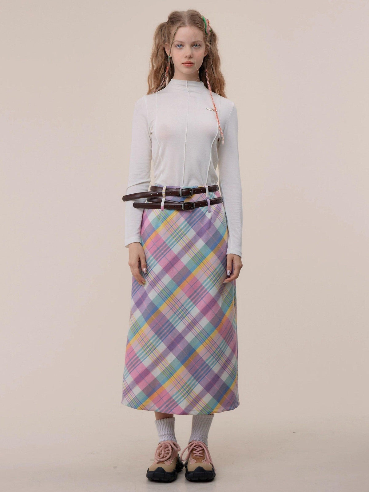 ZIZIFEI Pink Purple Plaid High Waist A Line Zipper Pockets Women'S Polyester Midi Skirts