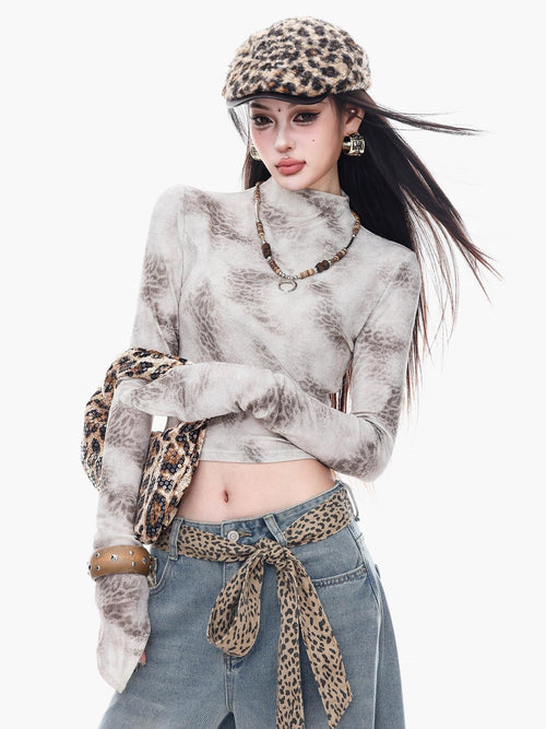 ABWLR Apricot Mist Tie Dye Print High Neck Slim Cropped Women'S Long Sleeve T-Shirts
