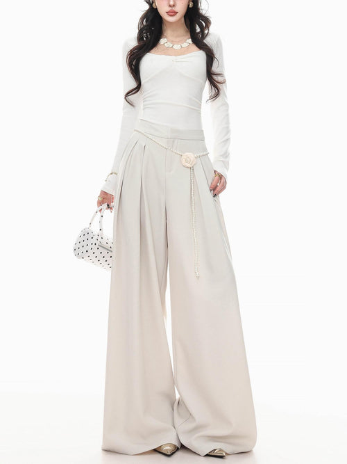 ABWLR Apricot Pleated Drapey Relaxed Straight Hem Women'S Wide-Leg Pants