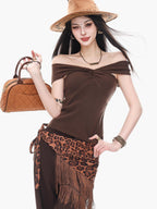 ABWLR Caramel Khaki Vintage One Shoulder Backless Sleeveless Women'S Slim Fit T-Shirts