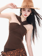 ABWLR Caramel Khaki Vintage One Shoulder Backless Sleeveless Women'S Slim Fit T-Shirts