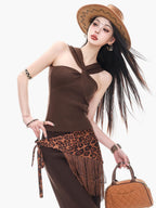 ABWLR Caramel Khaki Vintage One Shoulder Backless Sleeveless Women'S Slim Fit T-Shirts
