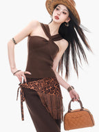 ABWLR Caramel Khaki Vintage One Shoulder Backless Sleeveless Women'S Slim Fit T-Shirts