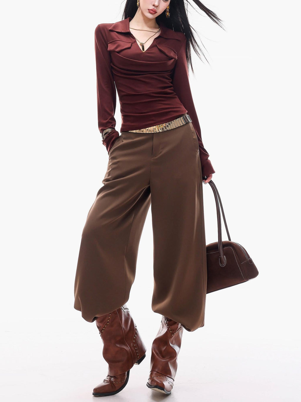 ABWLR Cocoa Brown High Waist Casual Loungewear Women'S Drapey Loose Fit Wide-Leg Pants