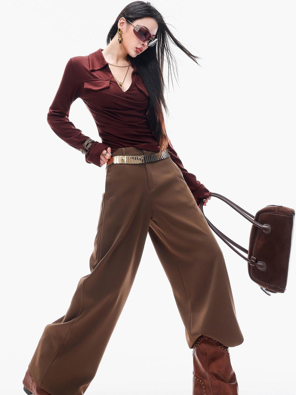 ABWLR Cocoa Brown High Waist Casual Loungewear Women'S Drapey Loose Fit Wide-Leg Pants