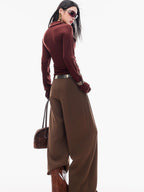 ABWLR Cocoa Brown High Waist Casual Loungewear Women'S Drapey Loose Fit Wide-Leg Pants