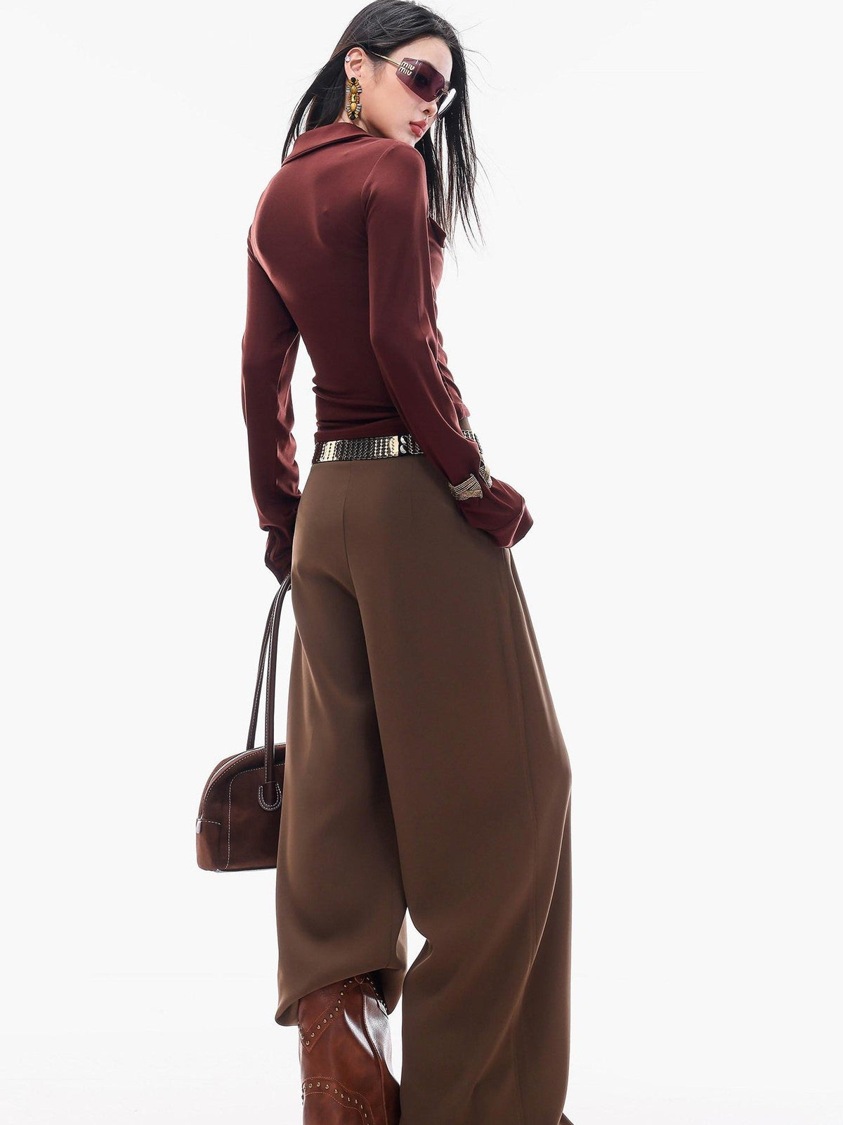 ABWLR Cocoa Brown High Waist Casual Loungewear Women'S Drapey Loose Fit Wide-Leg Pants