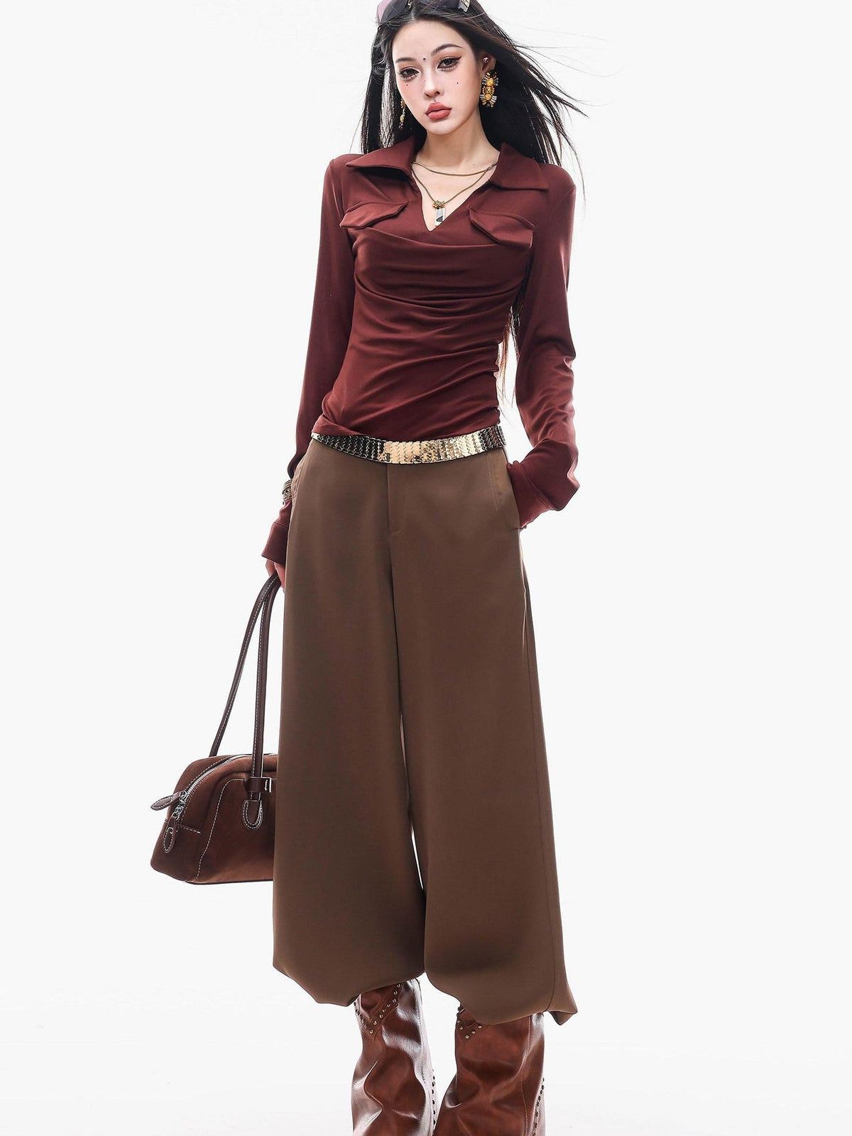 ABWLR Cocoa Brown High Waist Casual Loungewear Women'S Drapey Loose Fit Wide-Leg Pants