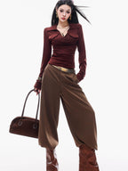 ABWLR Cocoa Brown High Waist Casual Loungewear Women'S Drapey Loose Fit Wide-Leg Pants