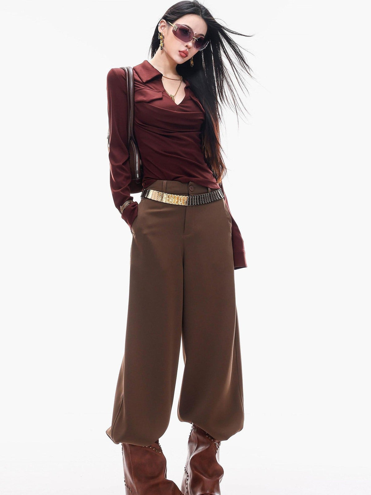 ABWLR Cocoa Brown High Waist Casual Loungewear Women'S Drapey Loose Fit Wide-Leg Pants