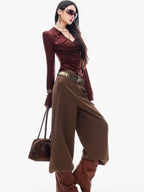 ABWLR Cocoa Brown High Waist Casual Loungewear Women'S Drapey Loose Fit Wide-Leg Pants