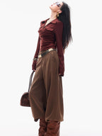 ABWLR Cocoa Brown High Waist Casual Loungewear Women'S Drapey Loose Fit Wide-Leg Pants
