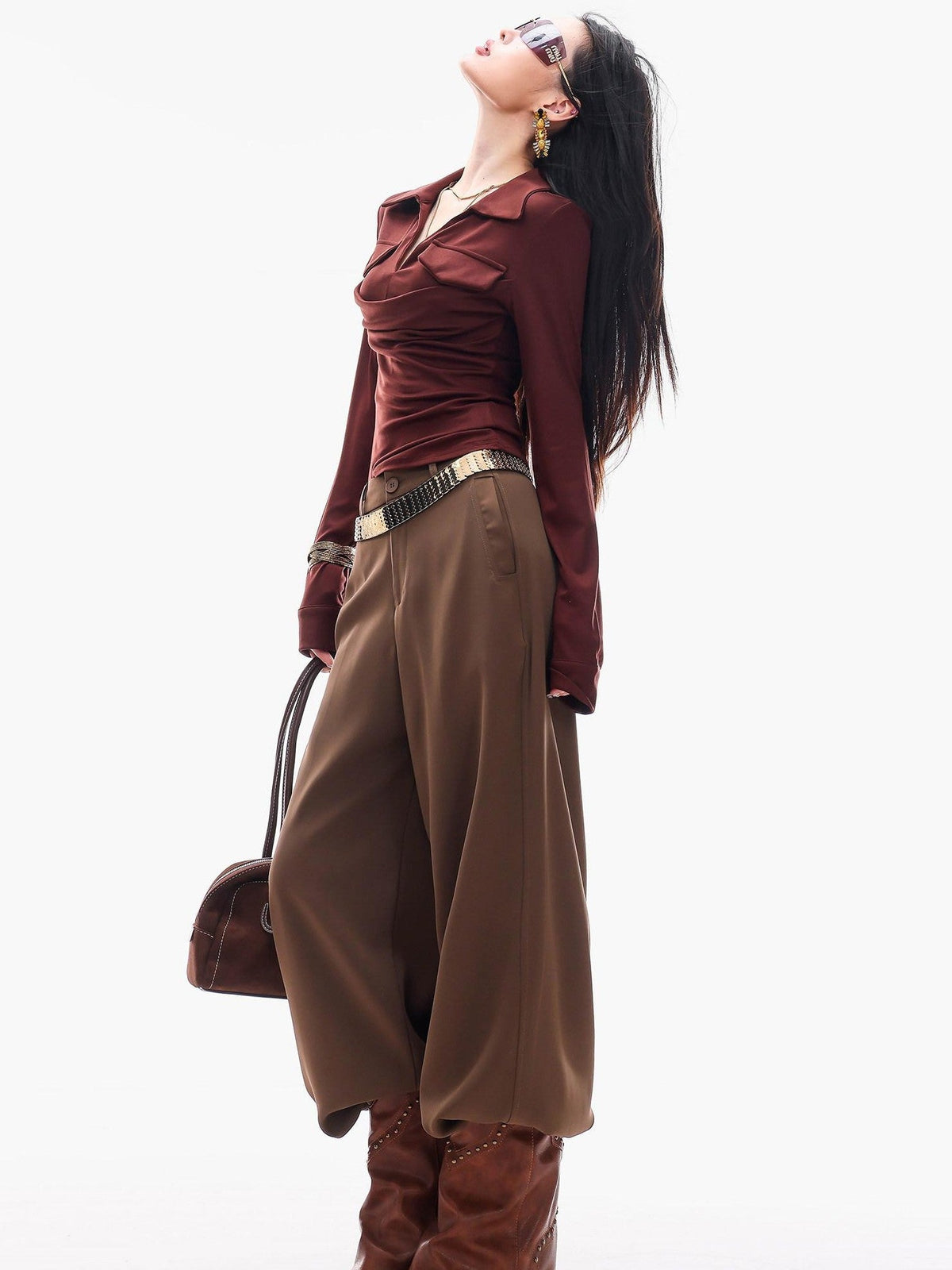 ABWLR Cocoa Brown High Waist Casual Loungewear Women'S Drapey Loose Fit Wide-Leg Pants