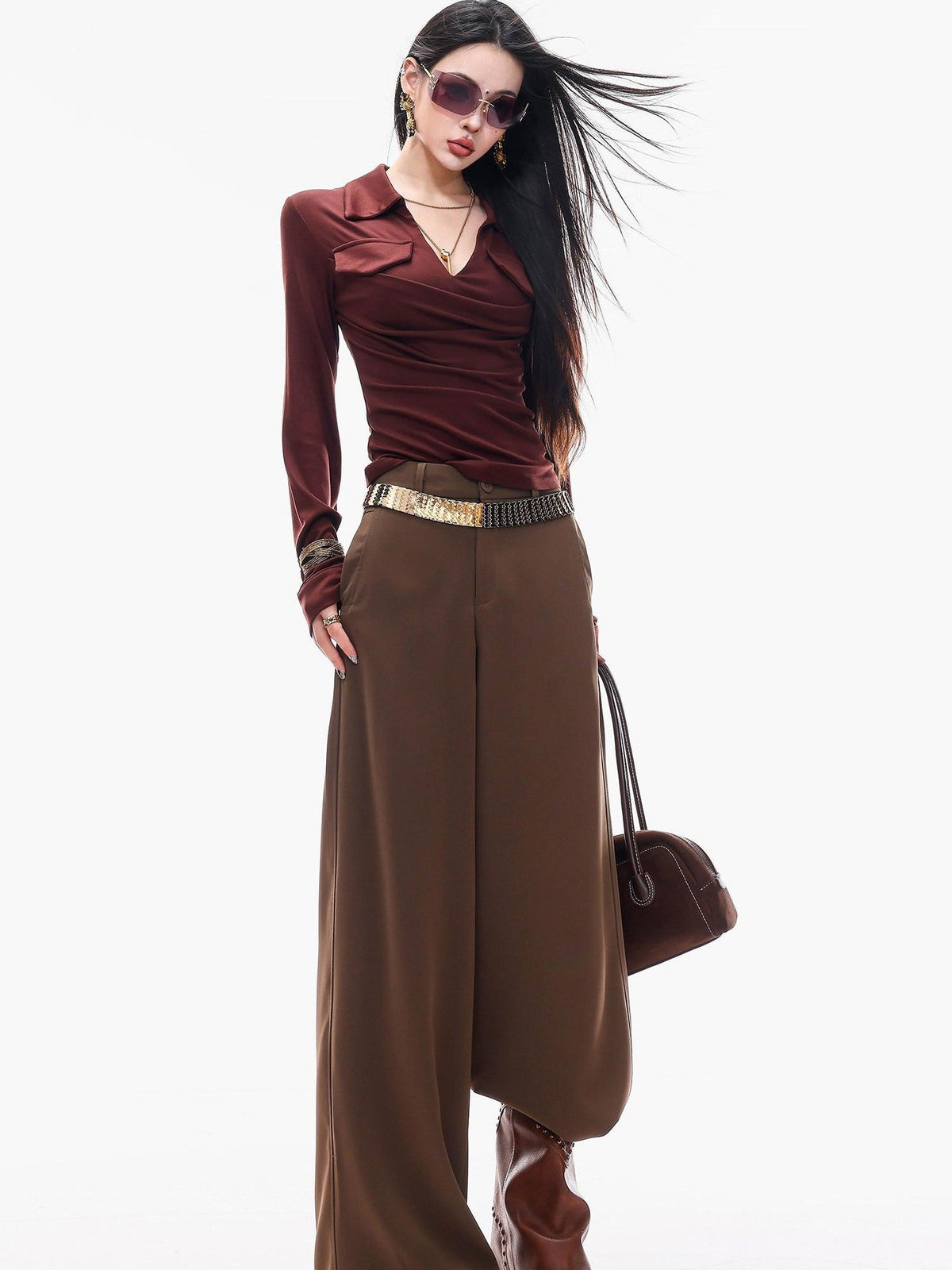 ABWLR Cocoa Brown High Waist Casual Loungewear Women'S Drapey Loose Fit Wide-Leg Pants