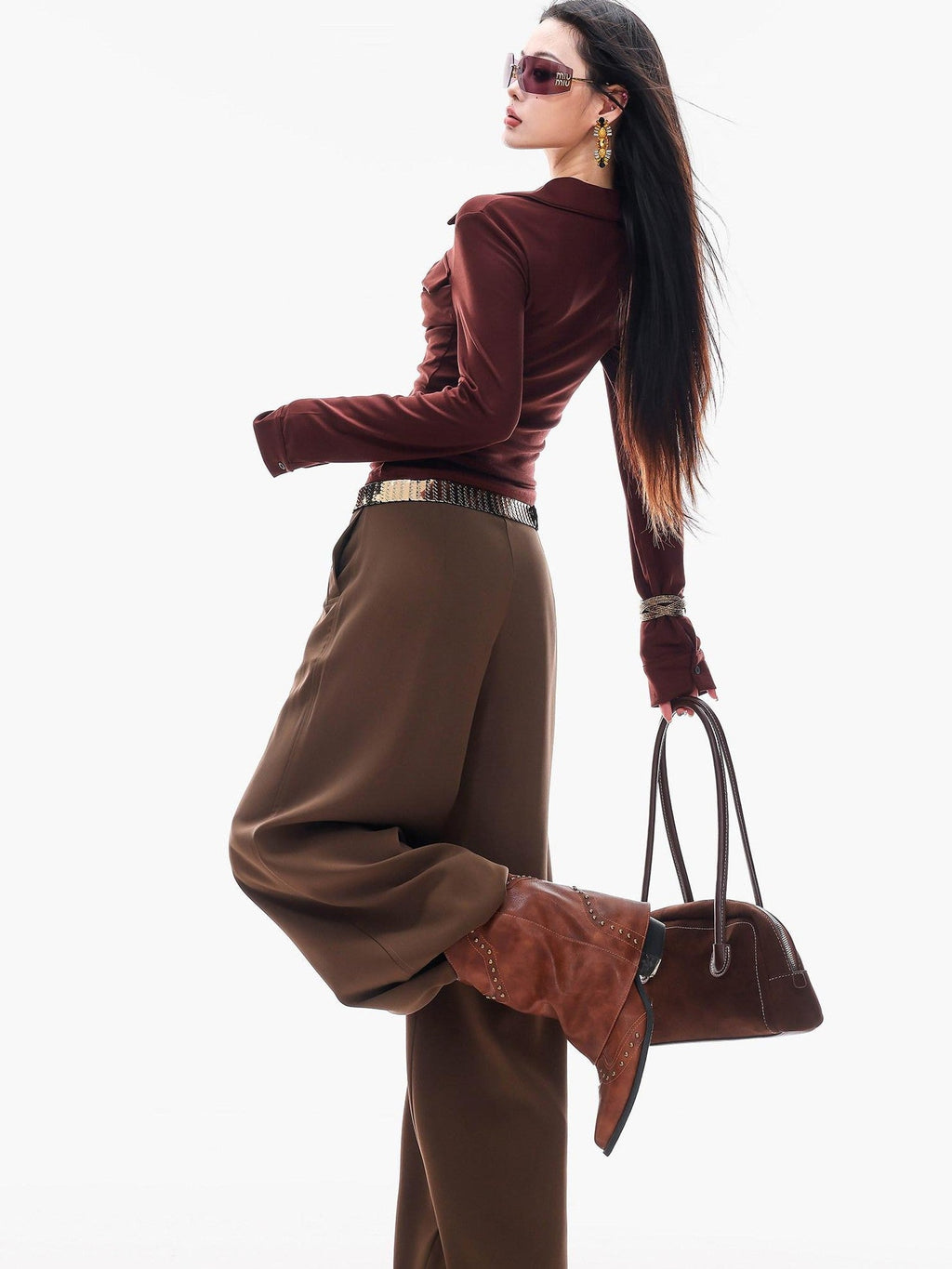 ABWLR Cocoa Brown High Waist Casual Loungewear Women'S Drapey Loose Fit Wide-Leg Pants