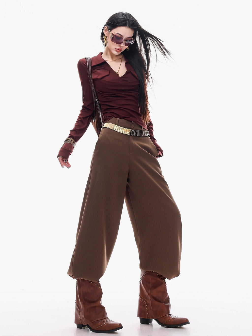 ABWLR Cocoa Brown High Waist Casual Loungewear Women'S Drapey Loose Fit Wide-Leg Pants