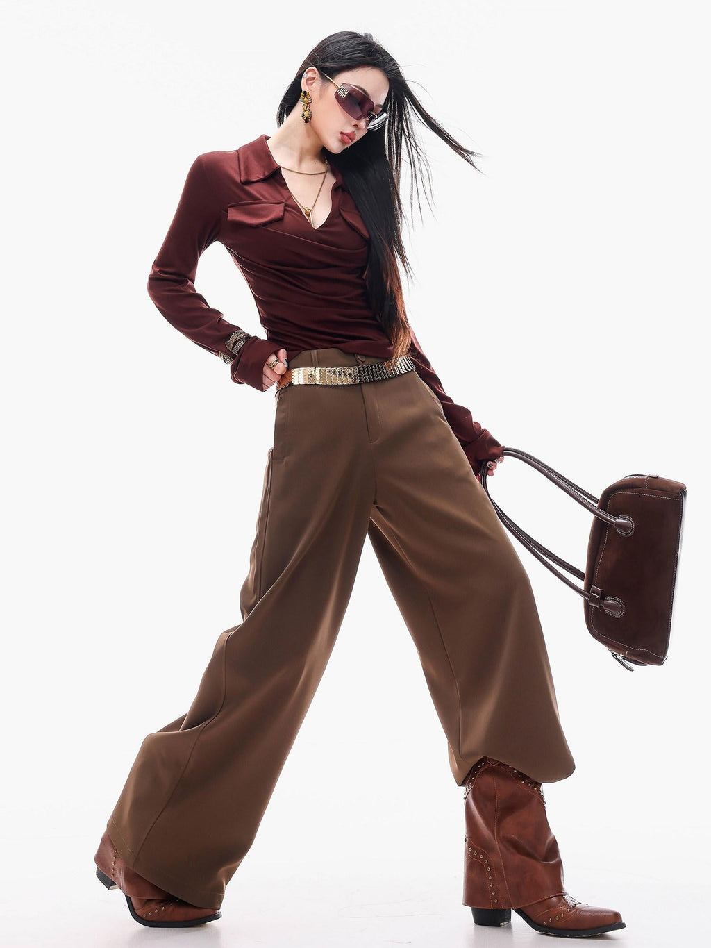 ABWLR Cocoa Brown High Waist Casual Loungewear Women'S Drapey Loose Fit Wide-Leg Pants