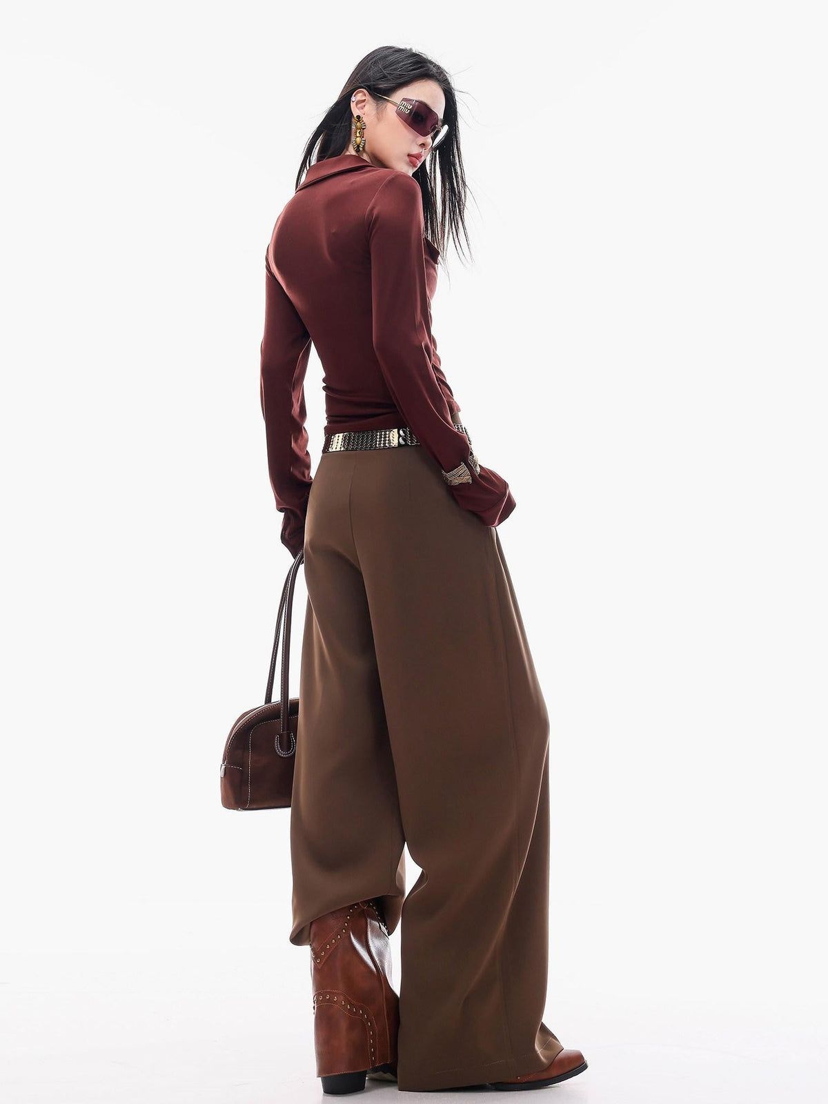 ABWLR Cocoa Brown High Waist Casual Loungewear Women'S Drapey Loose Fit Wide-Leg Pants