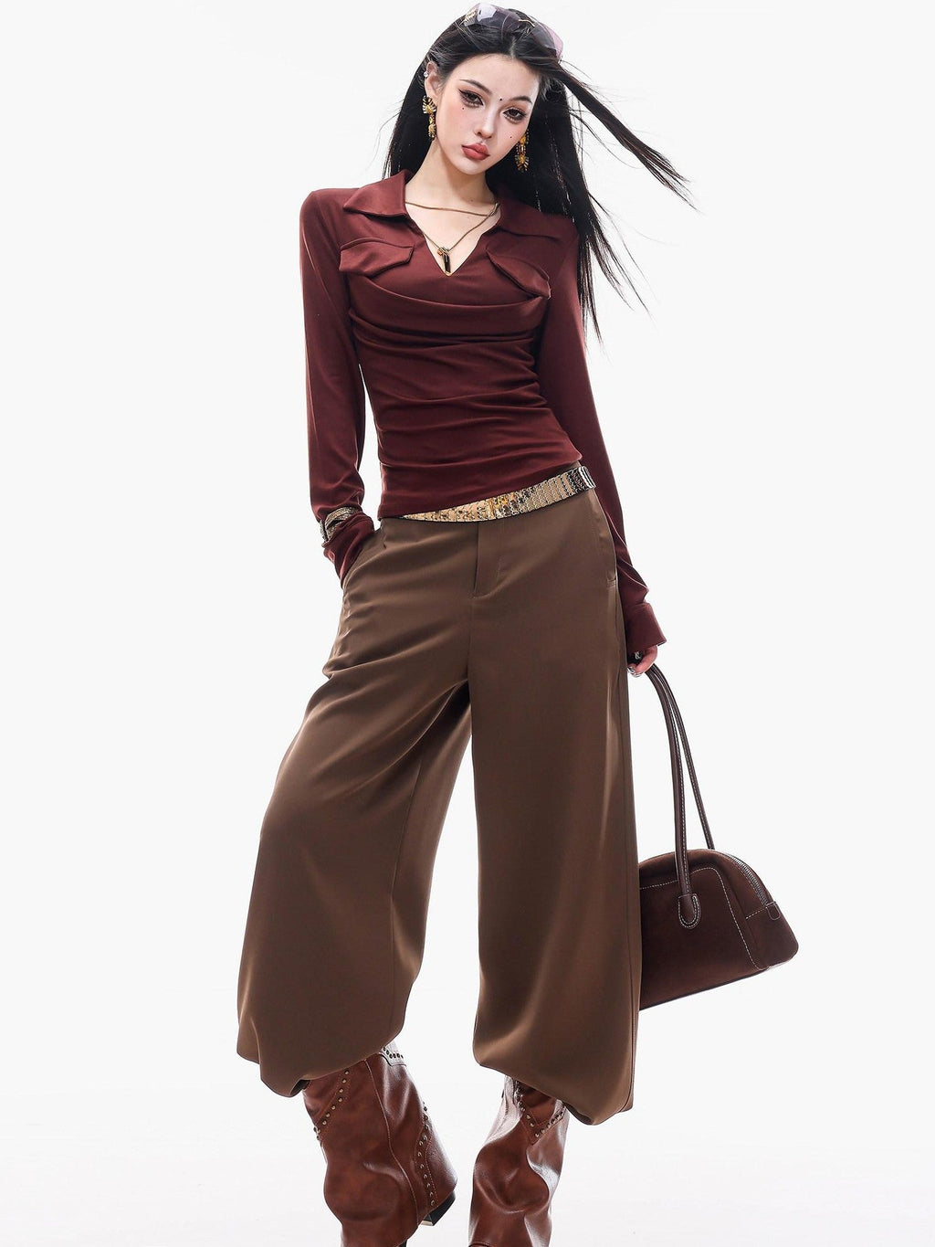 ABWLR Cocoa Brown High Waist Casual Loungewear Women'S Drapey Loose Fit Wide-Leg Pants