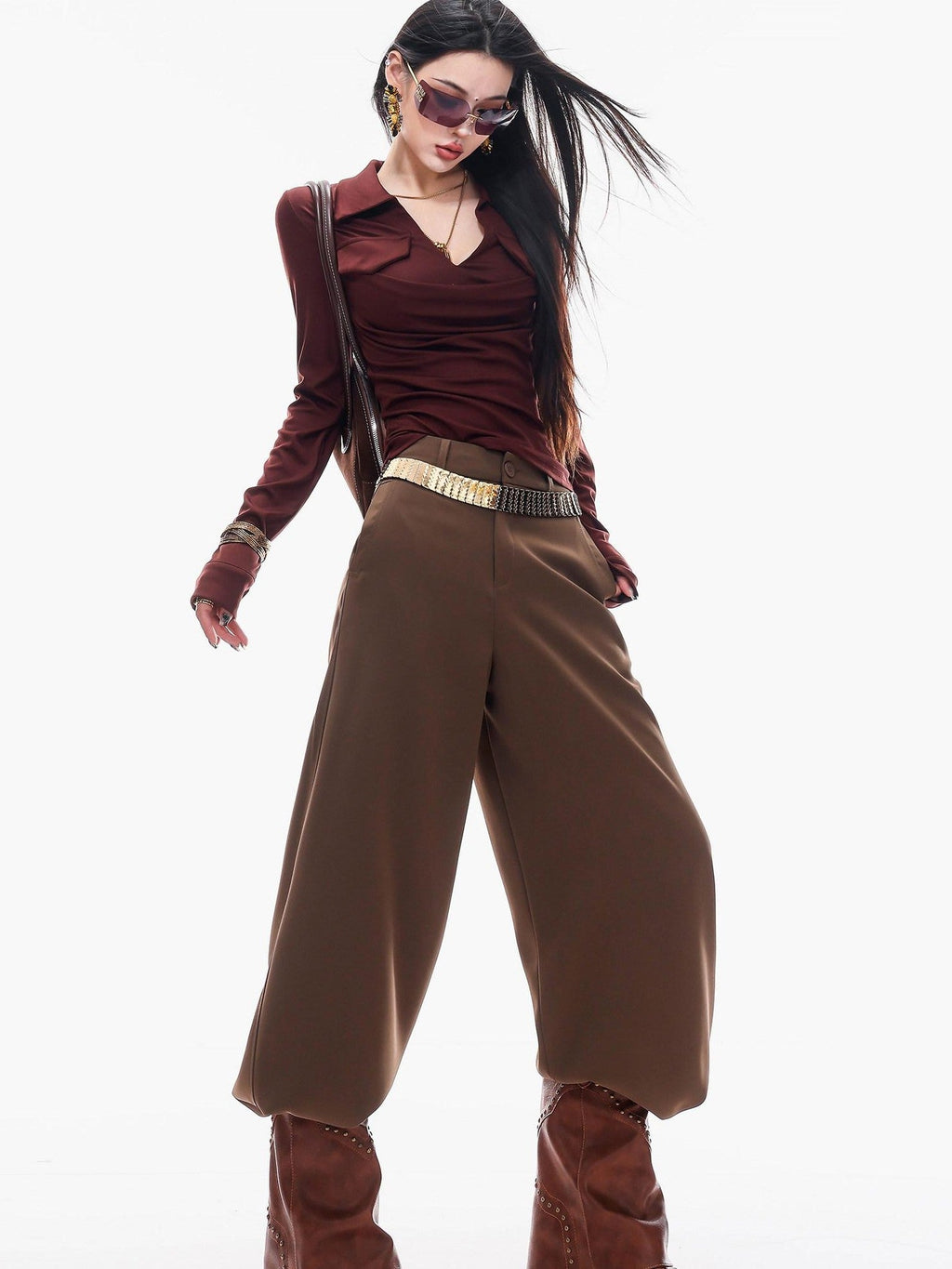 ABWLR Cocoa Brown High Waist Casual Loungewear Women'S Drapey Loose Fit Wide-Leg Pants