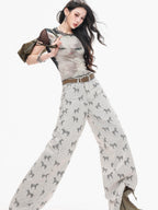 ABWLR Gray Horse Print Loose Draped Natural Waist Women'S Denim Wide-Leg Jeans