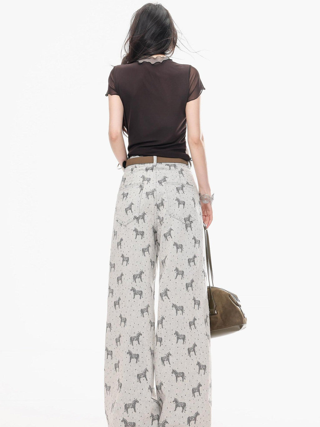 ABWLR Gray Horse Print Loose Draped Natural Waist Women'S Denim Wide-Leg Jeans