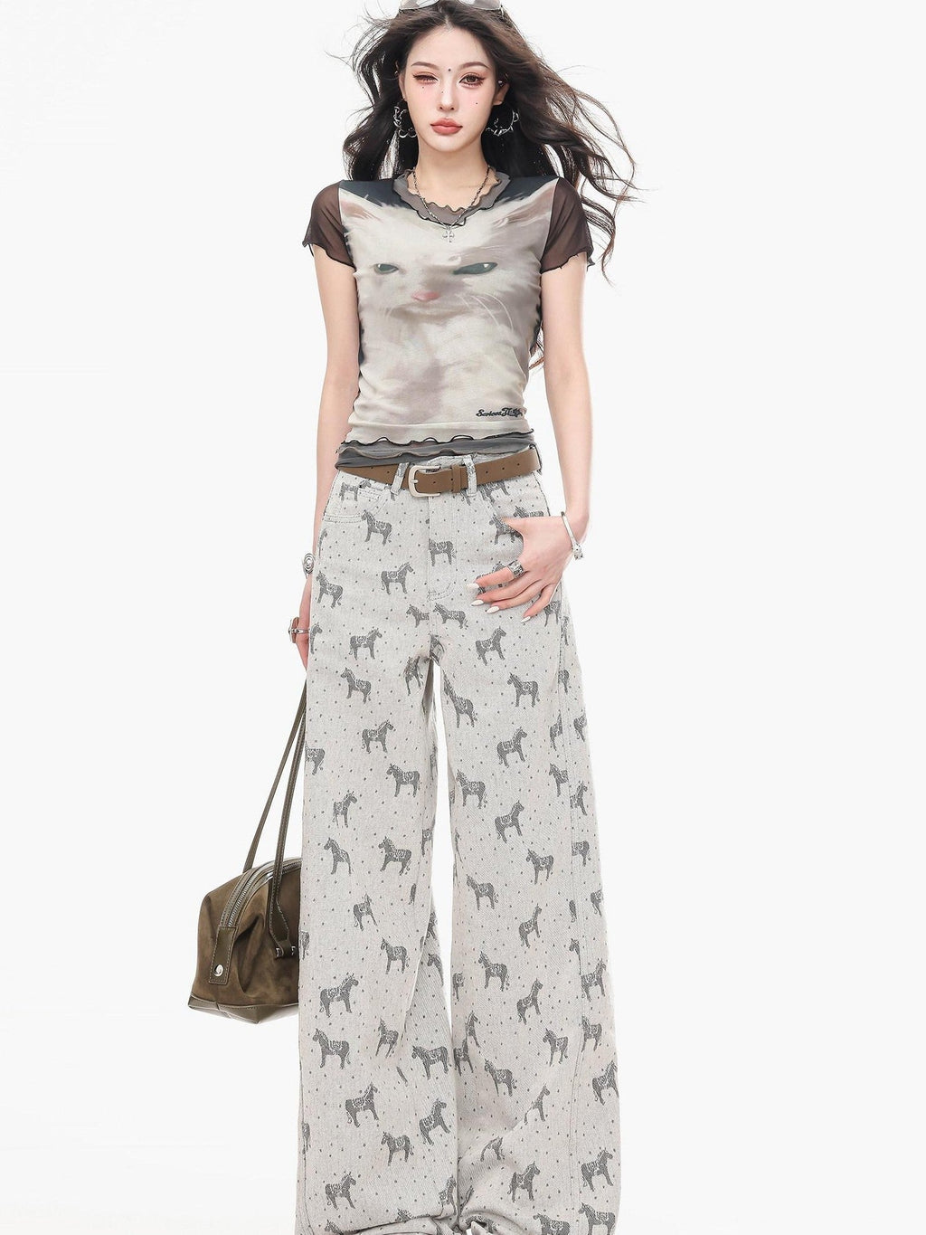 ABWLR Gray Horse Print Loose Draped Natural Waist Women'S Denim Wide-Leg Jeans