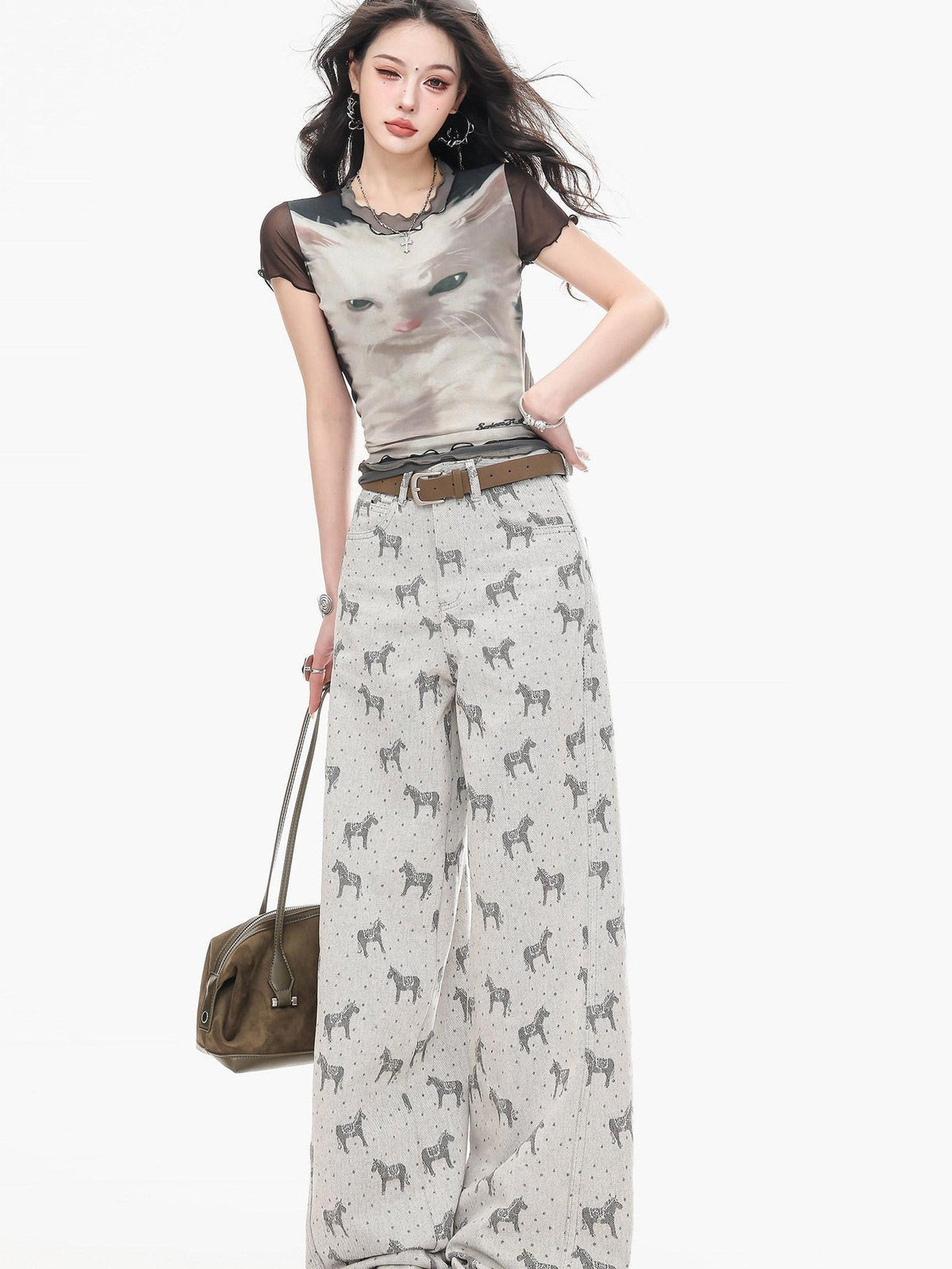ABWLR Gray Horse Print Loose Draped Natural Waist Women'S Denim Wide-Leg Jeans