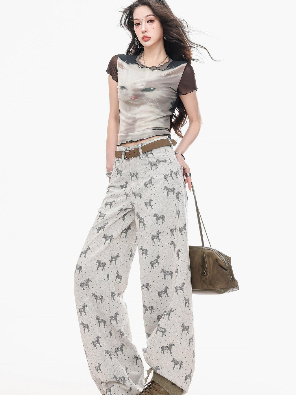 ABWLR Gray Horse Print Loose Draped Natural Waist Women'S Denim Wide-Leg Jeans