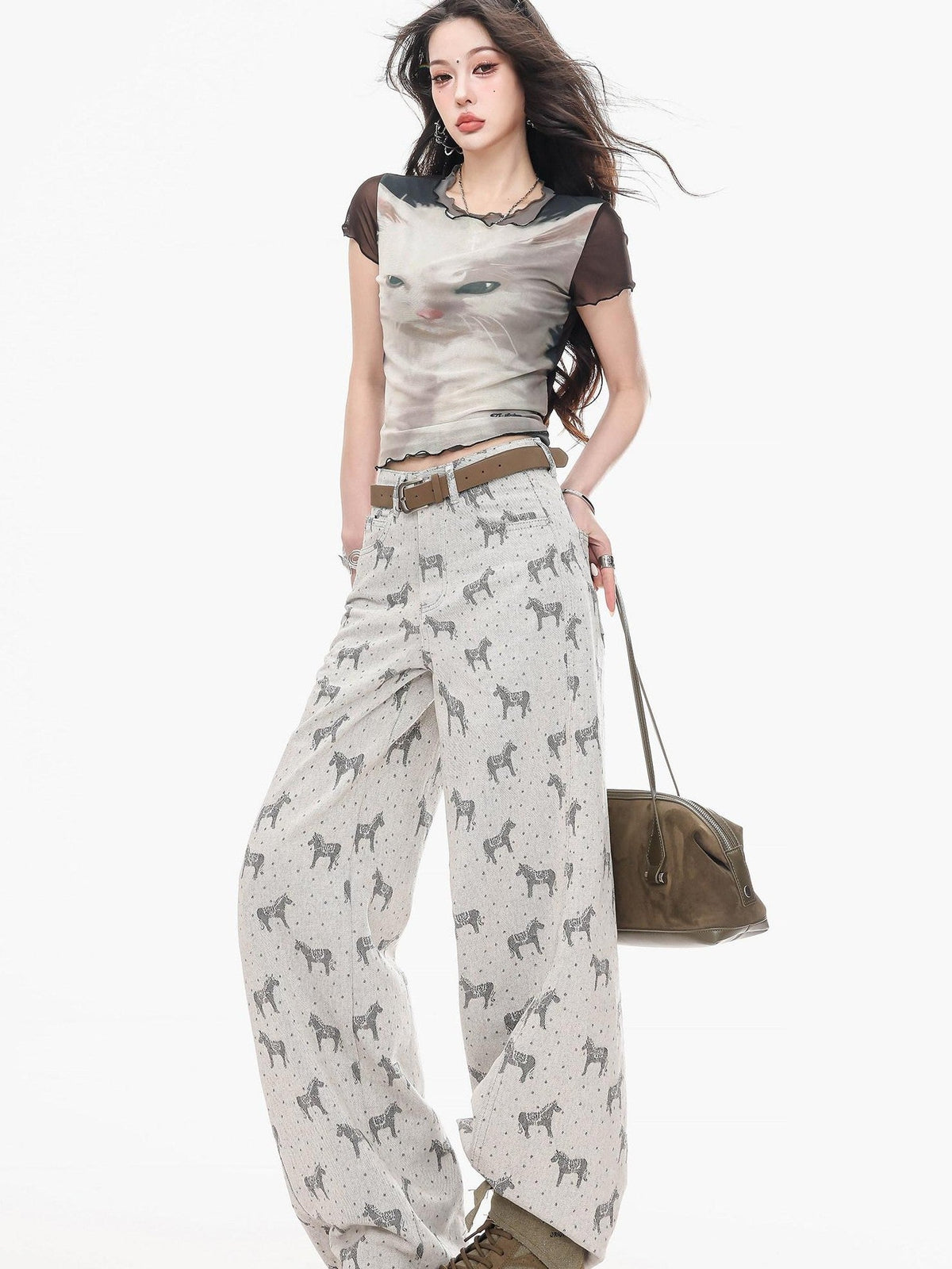 ABWLR Gray Horse Print Loose Draped Natural Waist Women'S Denim Wide-Leg Jeans
