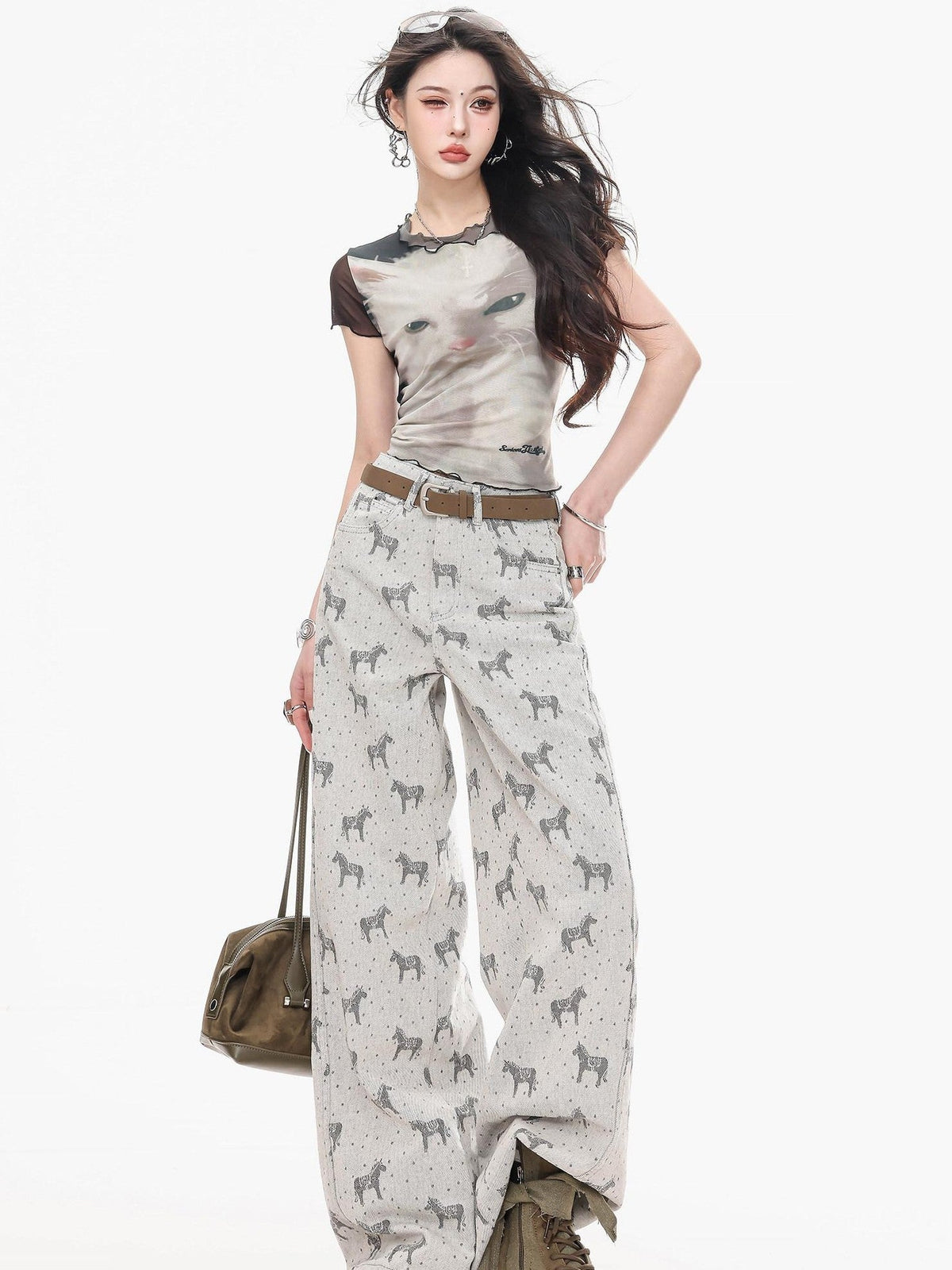 ABWLR Gray Horse Print Loose Draped Natural Waist Women'S Denim Wide-Leg Jeans