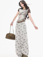 ABWLR Gray Horse Print Loose Draped Natural Waist Women'S Denim Wide-Leg Jeans