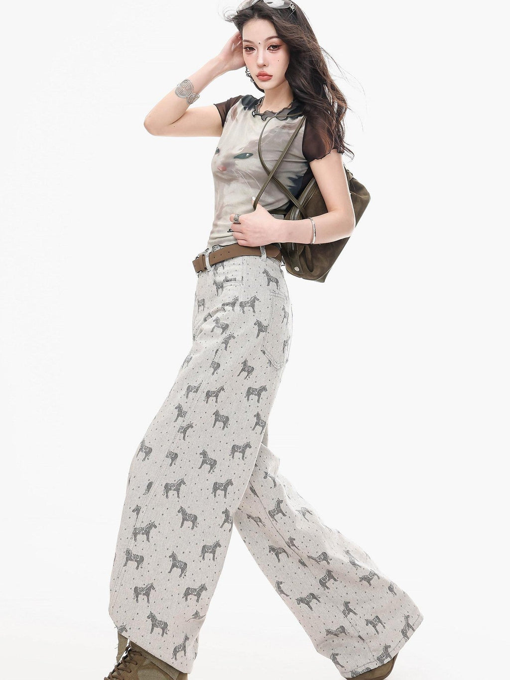 ABWLR Gray Horse Print Loose Draped Natural Waist Women'S Denim Wide-Leg Jeans