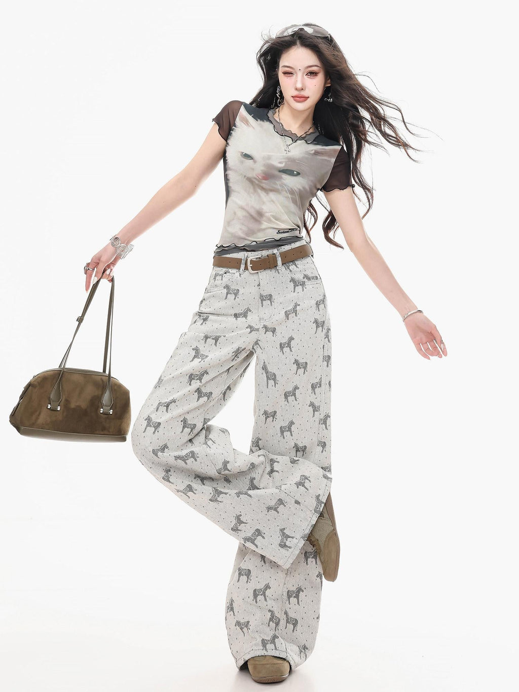 ABWLR Gray Horse Print Loose Draped Natural Waist Women'S Denim Wide-Leg Jeans