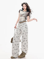 ABWLR Gray Horse Print Loose Draped Natural Waist Women'S Denim Wide-Leg Jeans