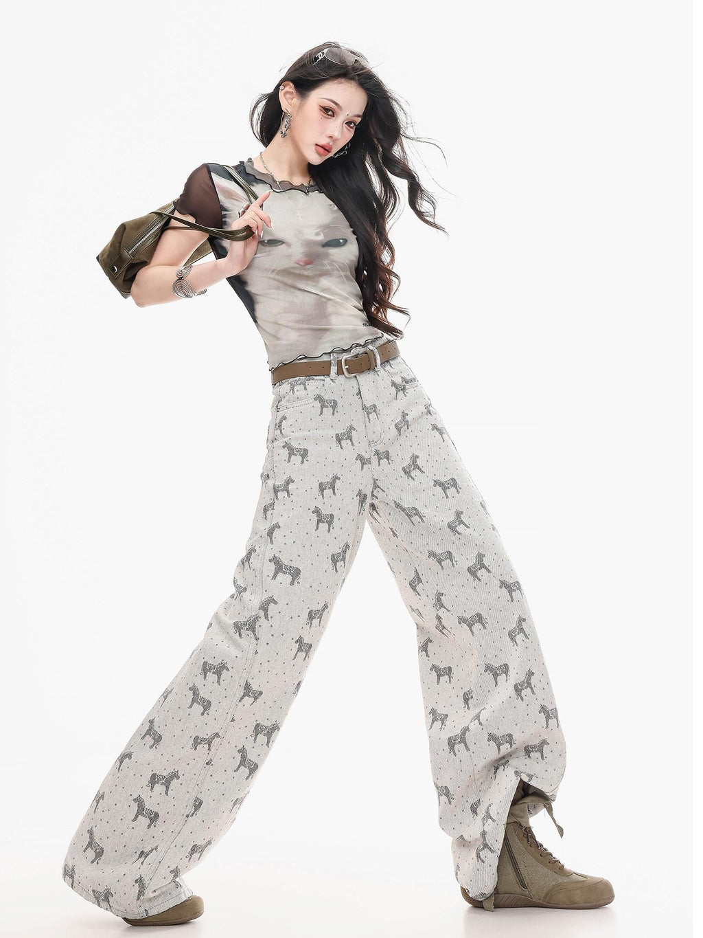 ABWLR Gray Horse Print Loose Draped Natural Waist Women'S Denim Wide-Leg Jeans