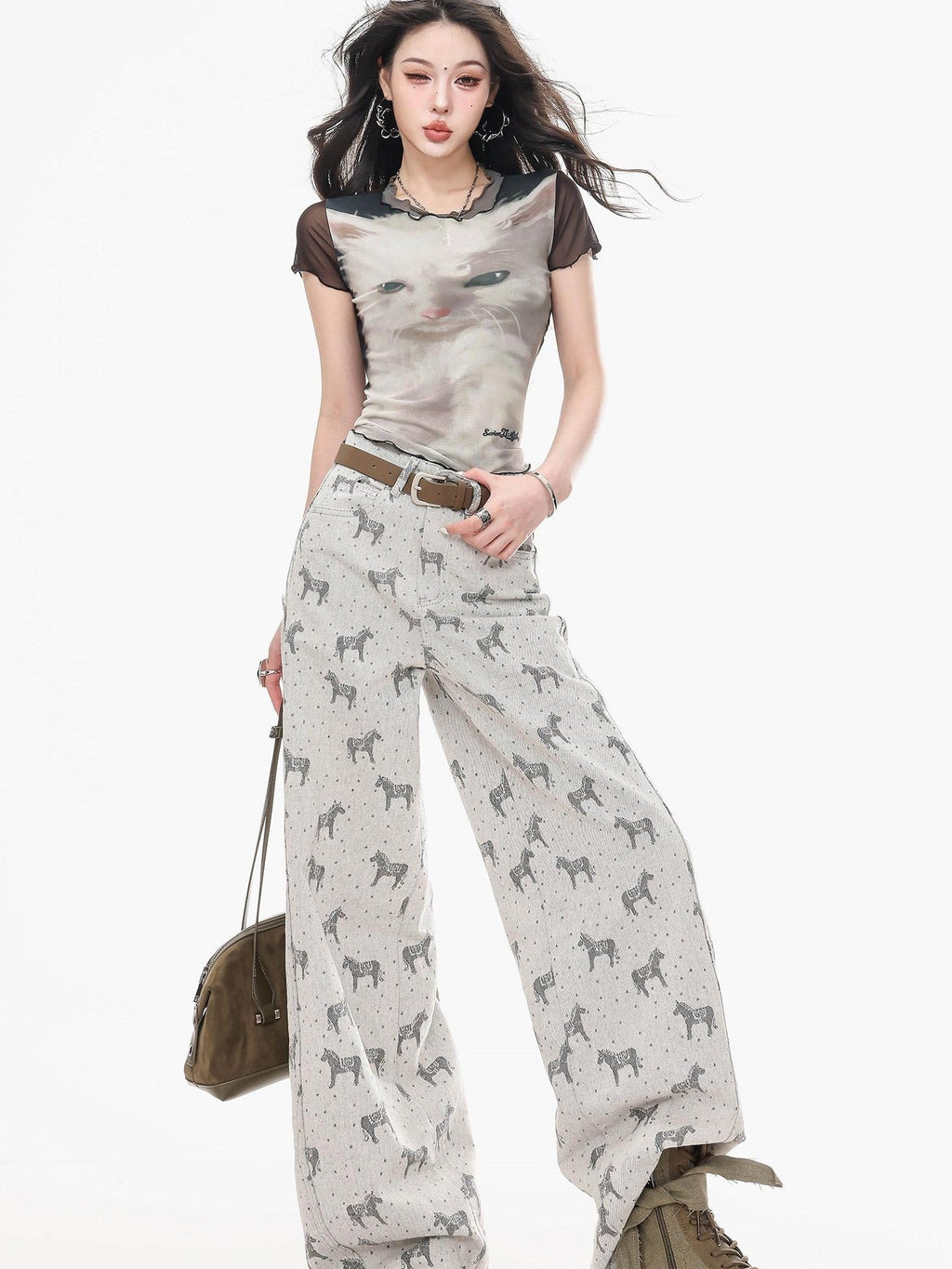 ABWLR Gray Horse Print Loose Draped Natural Waist Women'S Denim Wide-Leg Jeans