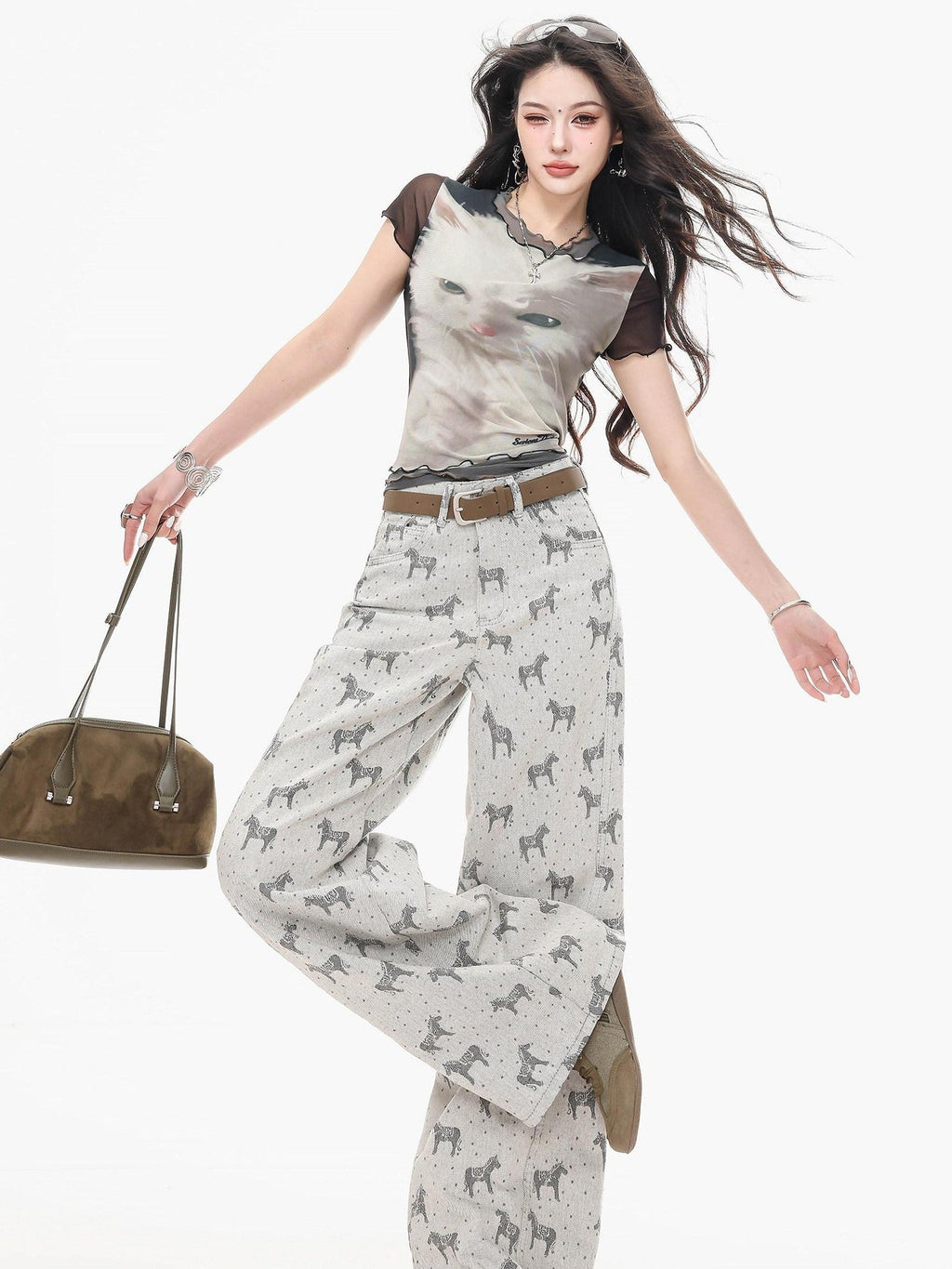 ABWLR Gray Horse Print Loose Draped Natural Waist Women'S Denim Wide-Leg Jeans