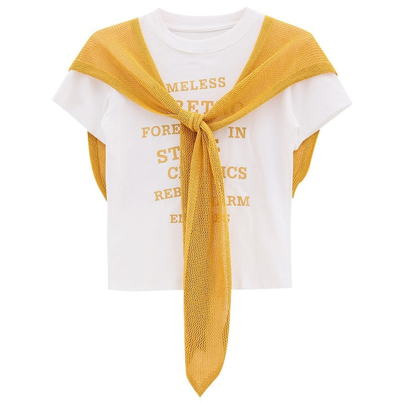 ABWLR_Letter_Print_Slim_Fit_Cropped_Cape_Women'S_Short_Sleeve_T-Shirts_MISSTT