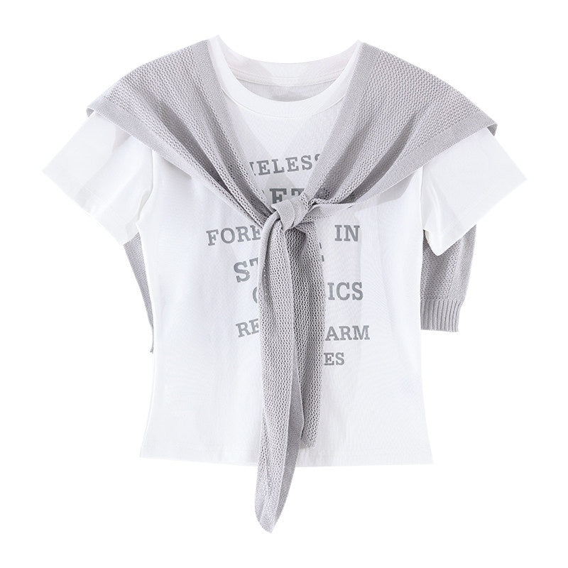 ABWLR_Letter_Print_Slim_Fit_Cropped_Cape_Women'S_Short_Sleeve_T-Shirts_MISSTT