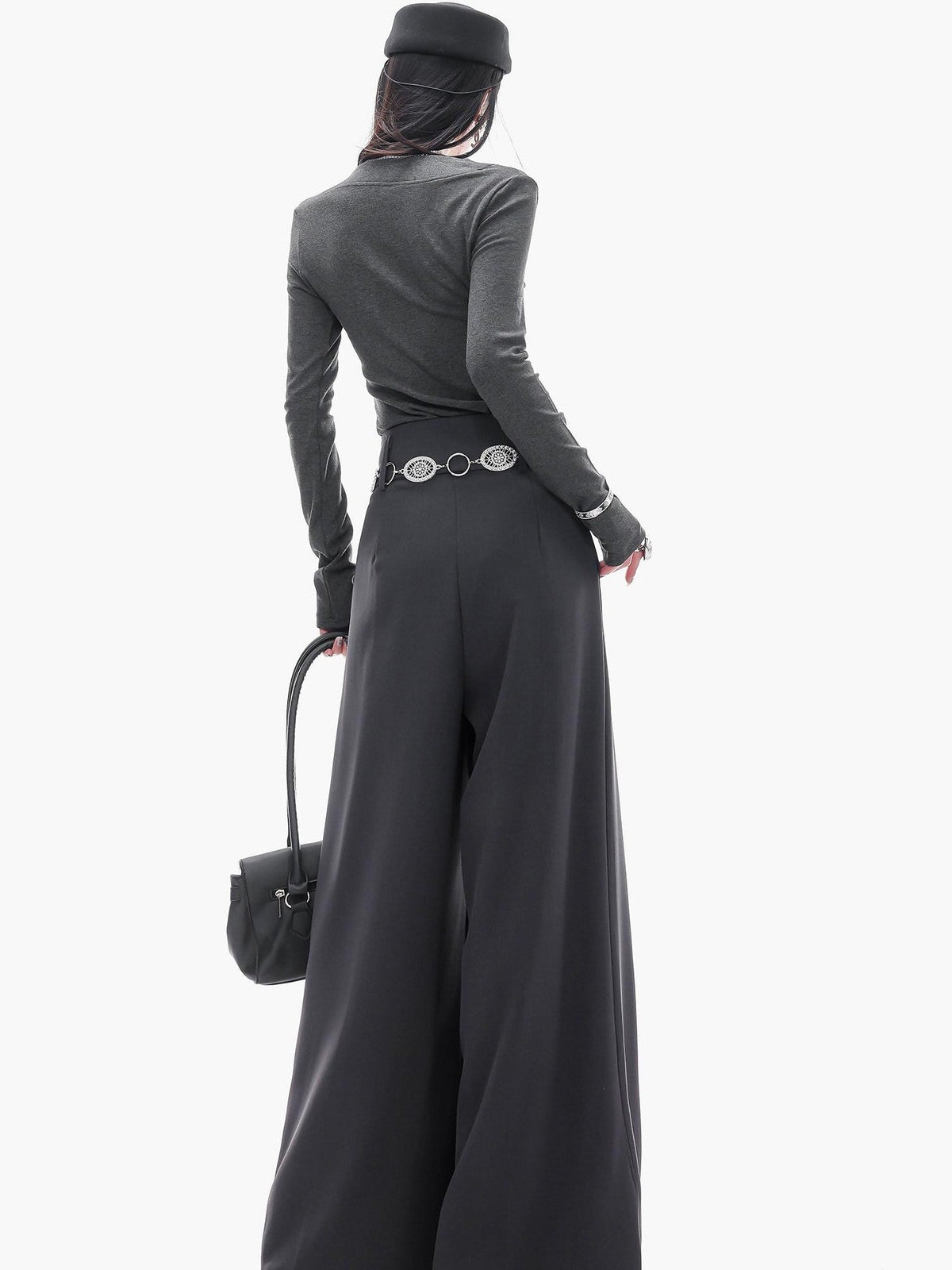 ABWLR Minimalist Gray Pleated Drawstring Natural Waist Zipper Women'S Wide-Leg Pants
