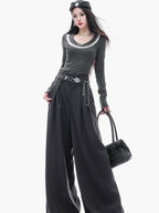 ABWLR Minimalist Gray Pleated Drawstring Natural Waist Zipper Women'S Wide-Leg Pants