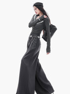 ABWLR Minimalist Gray Pleated Drawstring Natural Waist Zipper Women'S Wide-Leg Pants